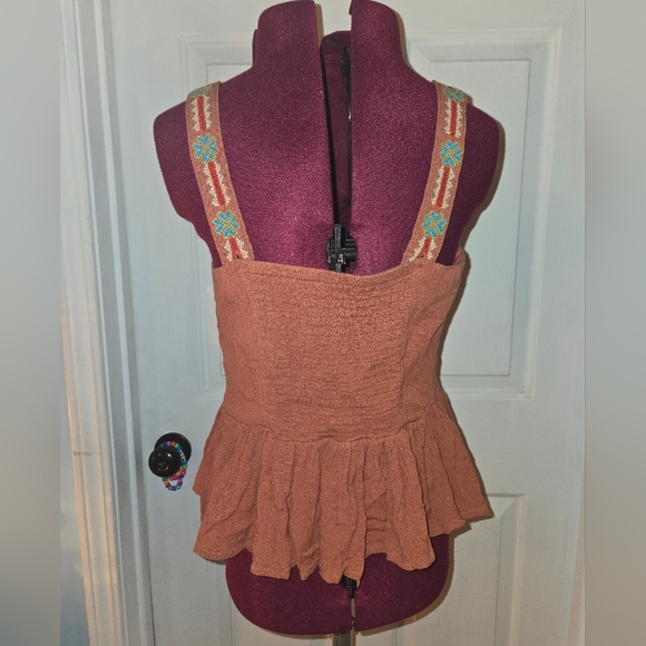American Eagle Orange Small Cropped Embroidered Peplum Boho Tank Top - Picture 5 of 9